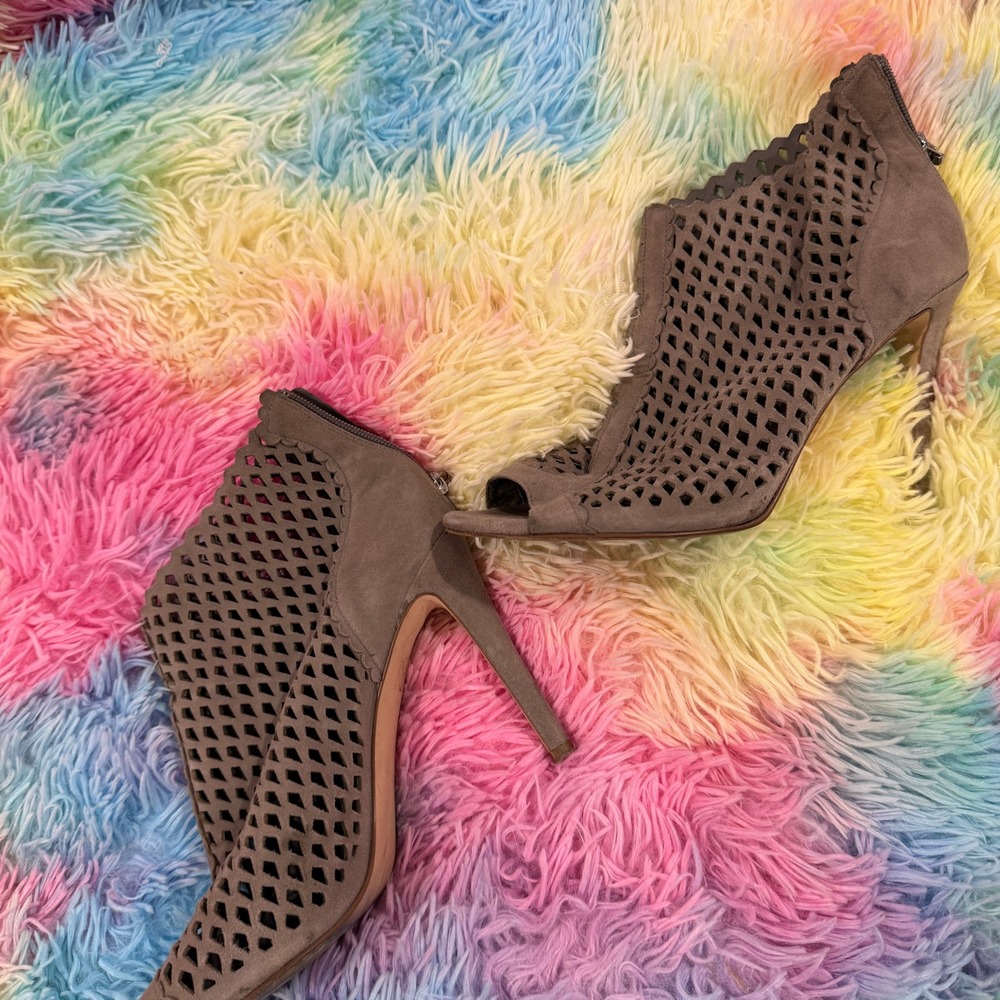 Ivanka Trump Booties Womens 11 Taupe Good Suede Laser Cut Peep Toe Heels‎